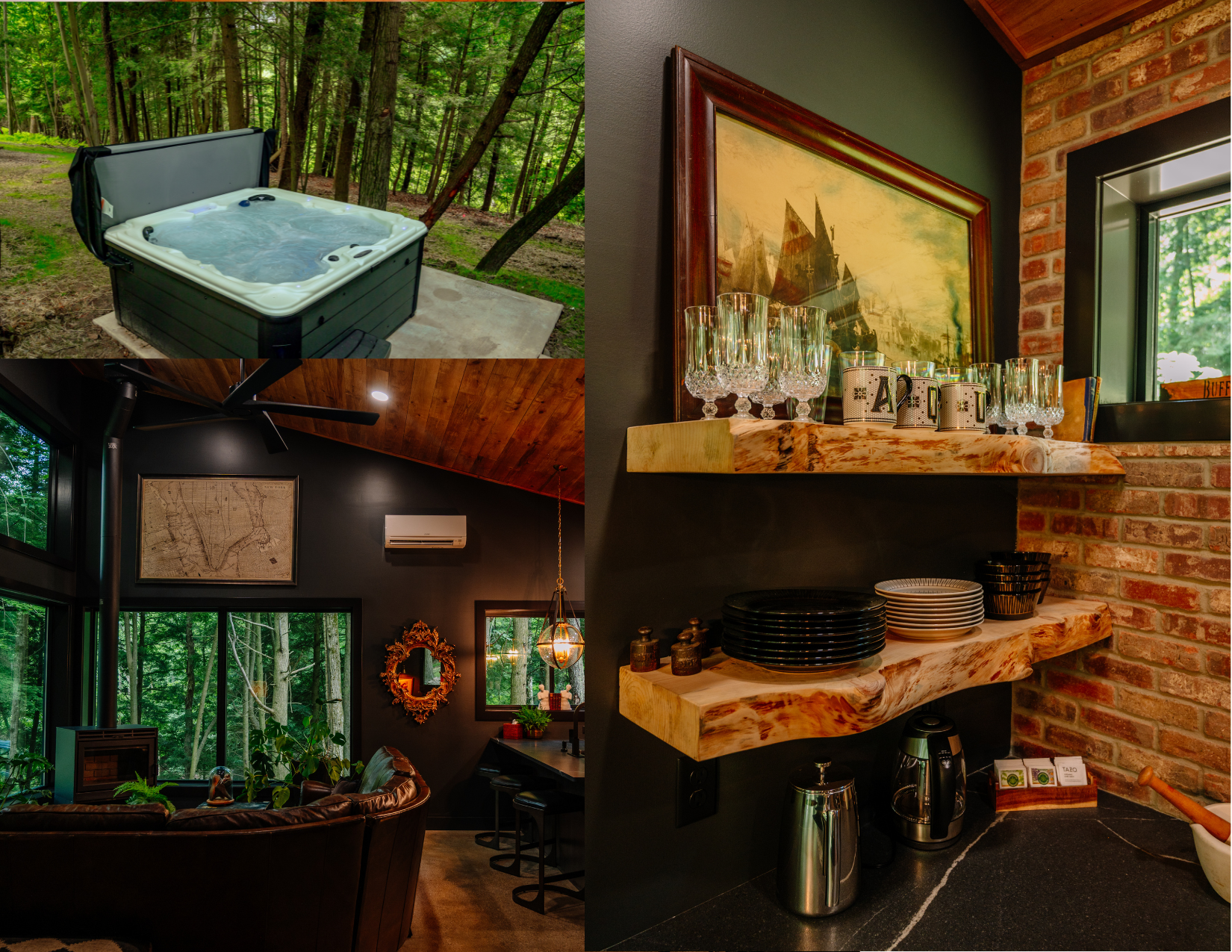 Spa-style en-suite bathroom — freestanding soaking tub, natural stone tiles, soft towels, candles, warm ambient light